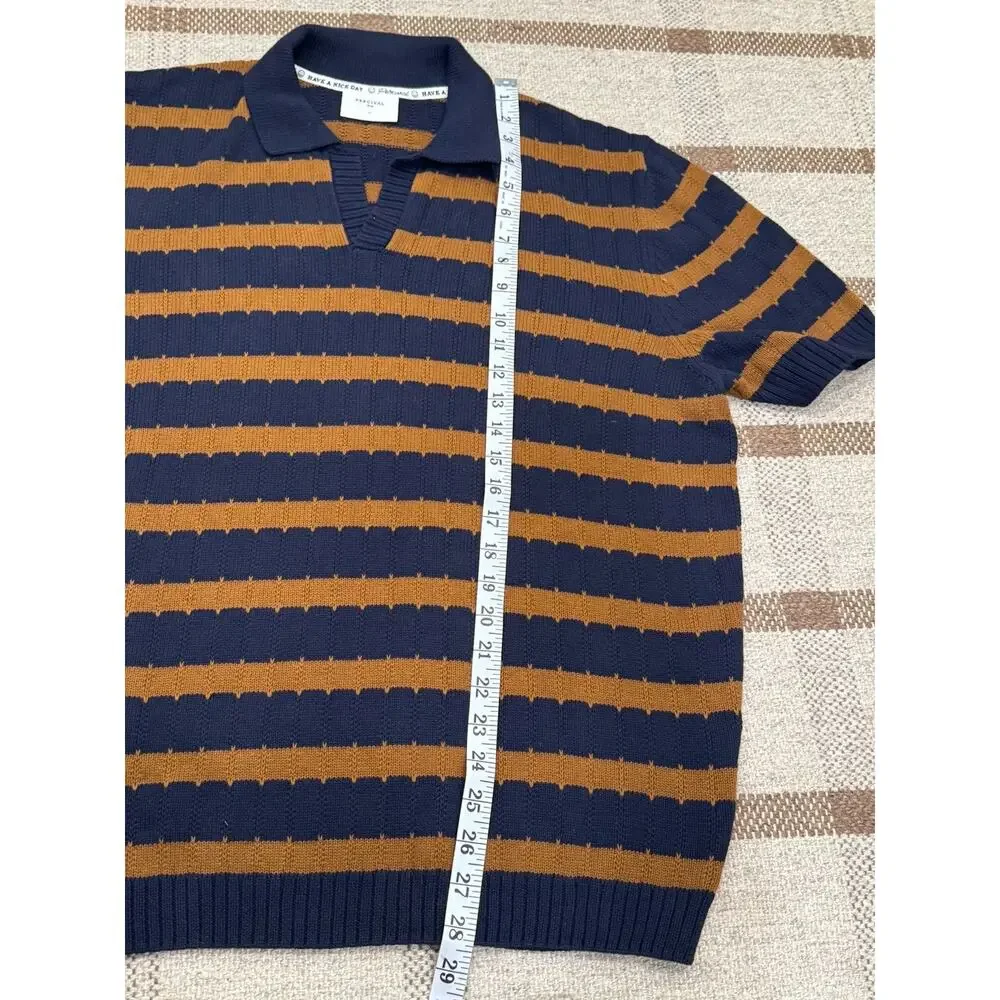 Percival Stine Knitted Polo Short Sleeve Sweater Shirt Men’s XL Navy Blue Tan